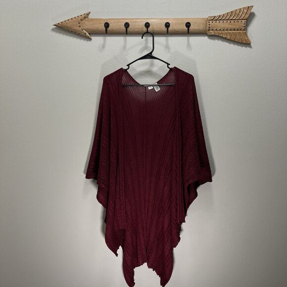 Chicos | Burgundy Maroon Red Textured Stripe Metallic Shawl Wrap Sweater One Sz - Picture 1 of 5